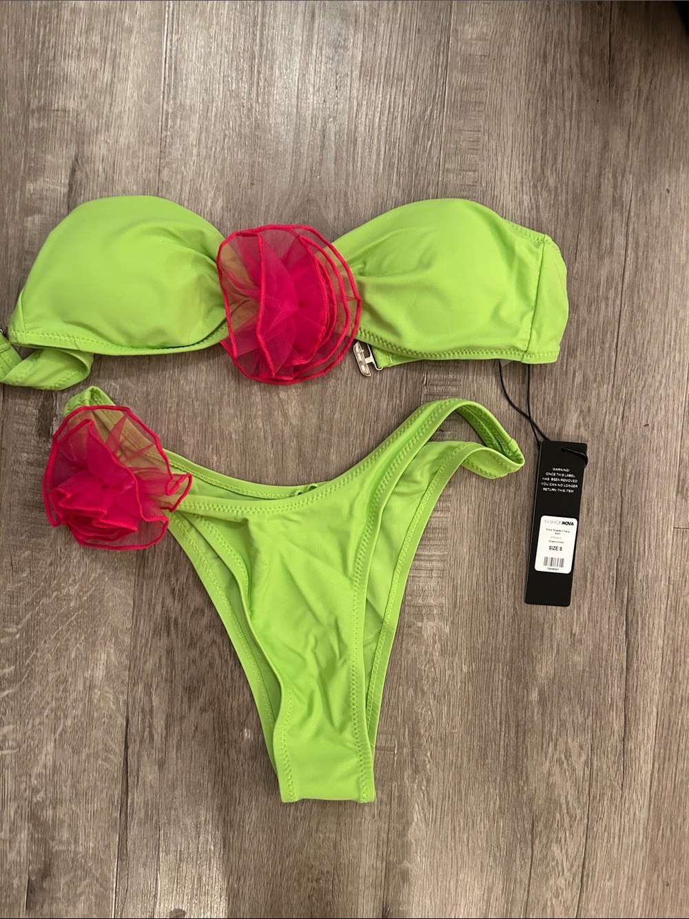 Fashion Nova Neon Lime Bandeau Bikini with Hot Pink Floral Accents